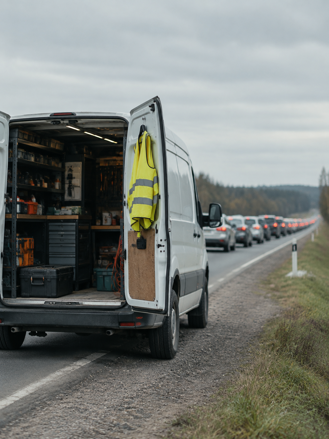 Bus serwisowy z otwartymi tylnymi drzwiami na poboczu drogi, w tle sznur samochodów czekających w kolejce